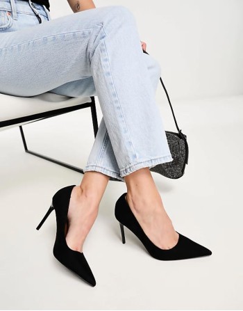 Paphos pointed high heeled court shoes in black suedette