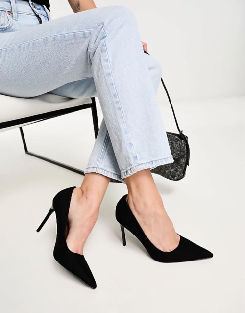 Paphos pointed high heeled court shoes in black suedette