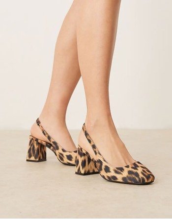 ‌Stylish sling back block heeled mules in patent leopard