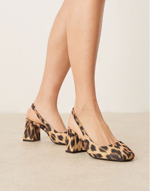 ‌Stylish sling back block heeled mules in patent leopard