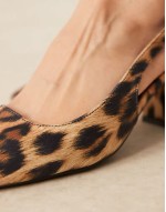‌Stylish sling back block heeled mules in patent leopard
