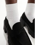 Script chunky mid heeled loafers in black