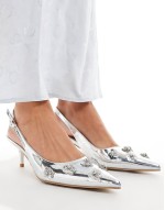 Kyle sling back pointed kitten heels with 3D embellished flowers in silver
