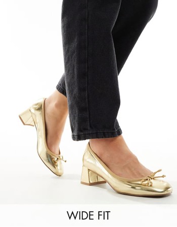 Wide Fit Steffie bow detail mid block heeled shoes in gold