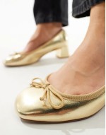 Wide Fit Steffie bow detail mid block heeled shoes in gold
