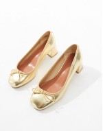 Wide Fit Steffie bow detail mid block heeled shoes in gold
