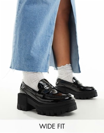 Wide Fit Script chunky mid heeled loafers in black patent