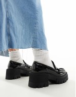 Wide Fit Script chunky mid heeled loafers in black patent