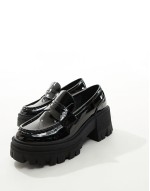 Wide Fit Script chunky mid heeled loafers in black patent