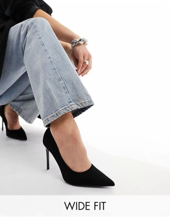 Wide Fit Paphos pointed high heeled court shoes in black suedette