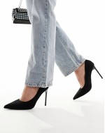 Wide Fit Paphos pointed high heeled court shoes in black suedette