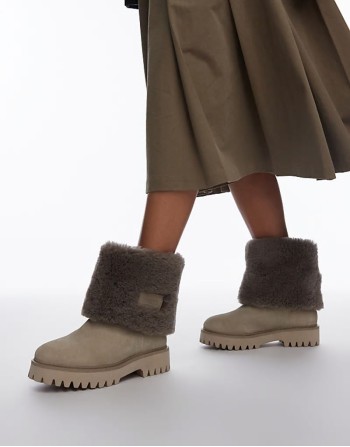 Groov-y shearling fold over ankle boots in oatmilk suede