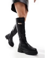 ‌Stylish knee high  flat riding boot in black