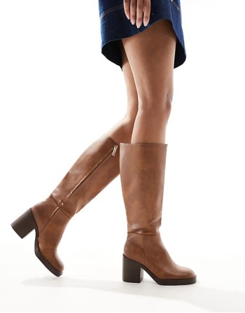 faux leather calf length boots in brown