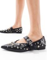 faux leather pointed ballet flat with studs in black