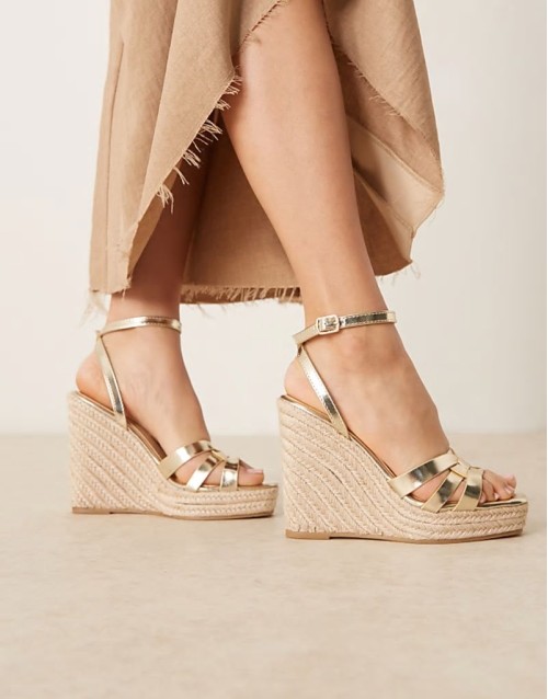 ‌Stylish espadilles wedge heeled sandals in gold