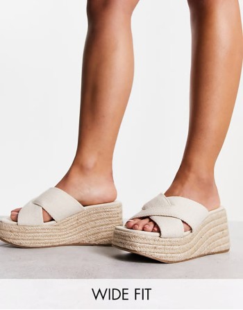 Wide Fit Teddy 2 cross strap wedges in natural fabrication