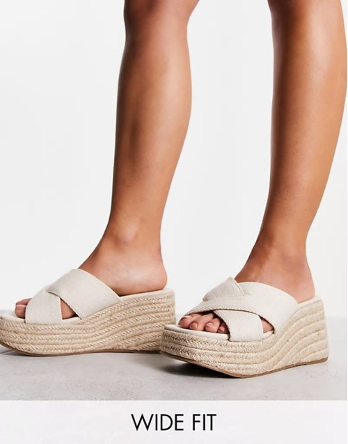 Wide Fit Teddy 2 cross strap wedges in natural fabrication